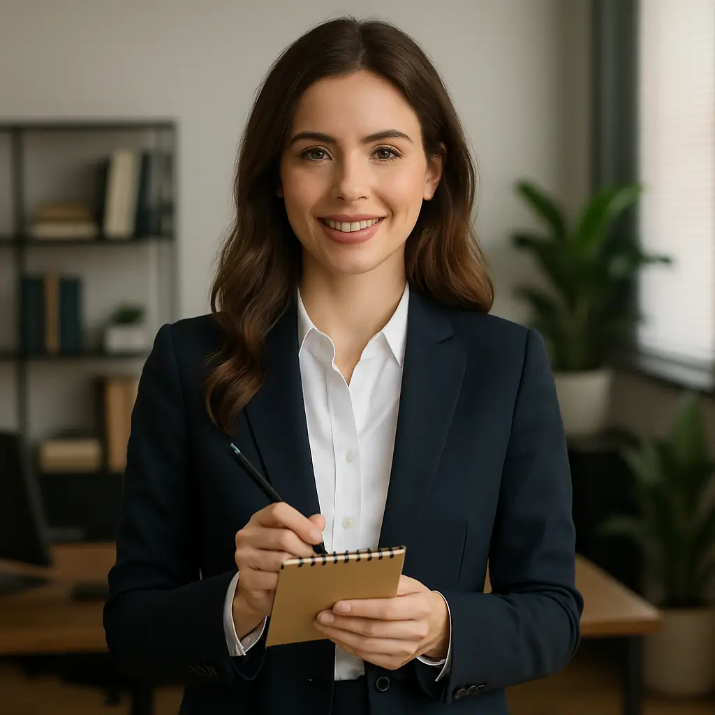 Businesswoman in suit holding notebook and pencil